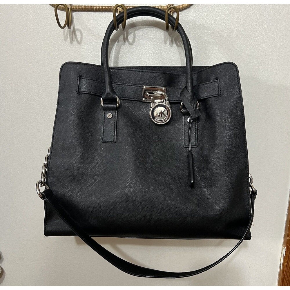Michael Kors Hamilton Purse Large Saffiano Leather Tote Bag Black Lock & Key